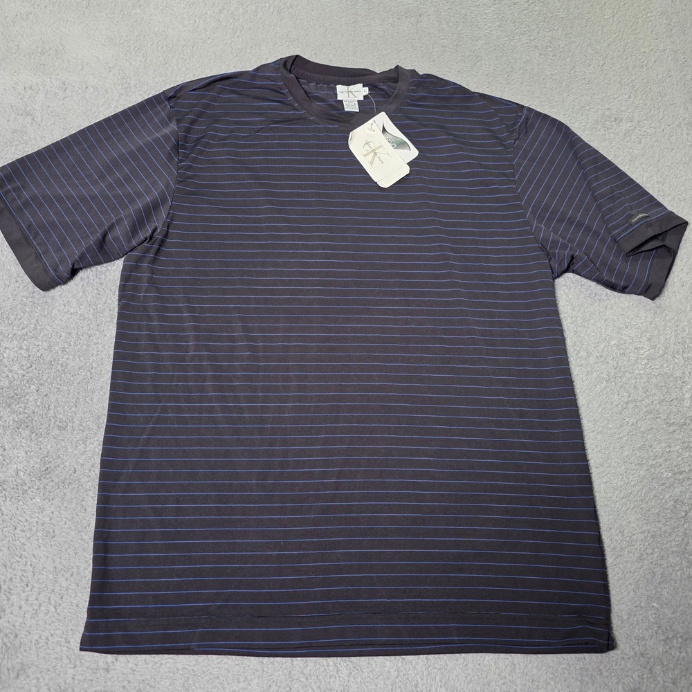 Calvin Klein Mens L T-Shirt Black Royal Blue Striped Nylon Lycra ZM5UA6990